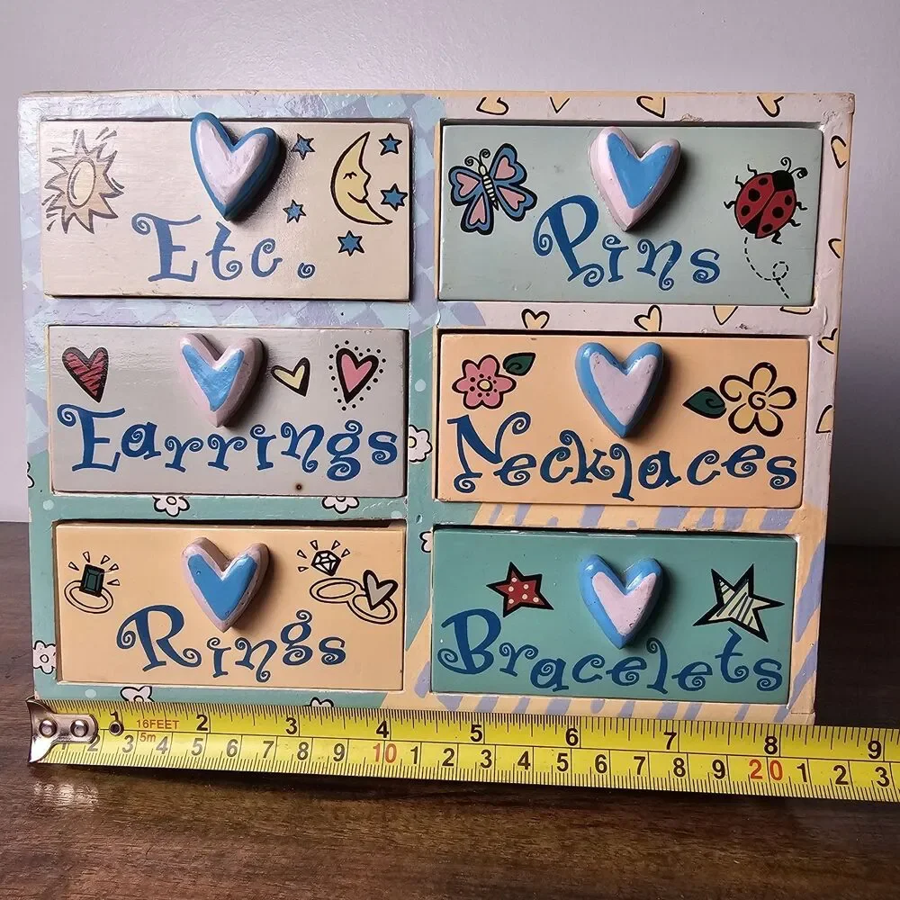 Vintage Lillian Vernon Y2K Girls Wooden Jewelry Chest 6 Drawer Heart Pulls